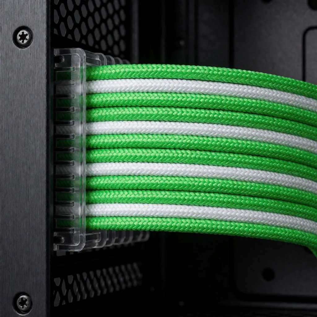 Cables trenzados de fuente de poder organizados dentro de un gabinete gaming