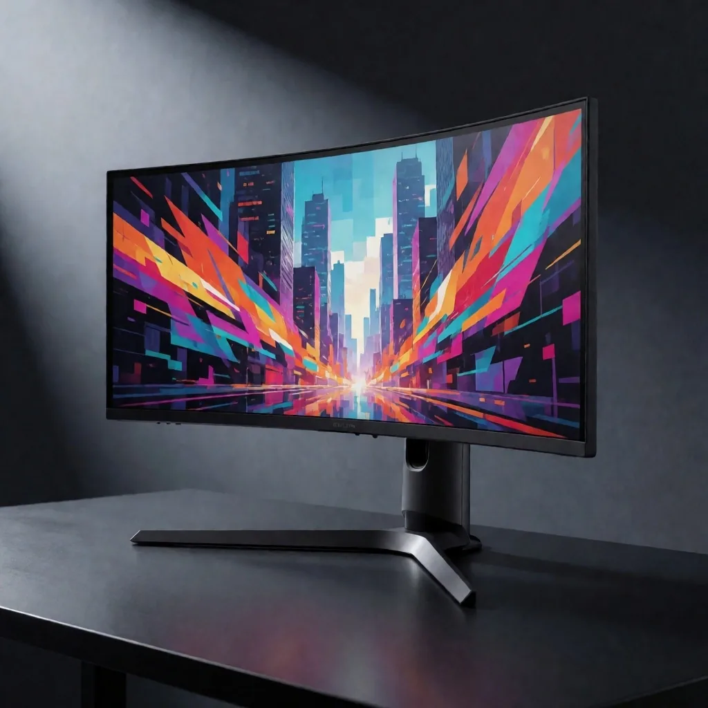 Monitor gaming mostrando un entorno de juego con geometría de alto contraste