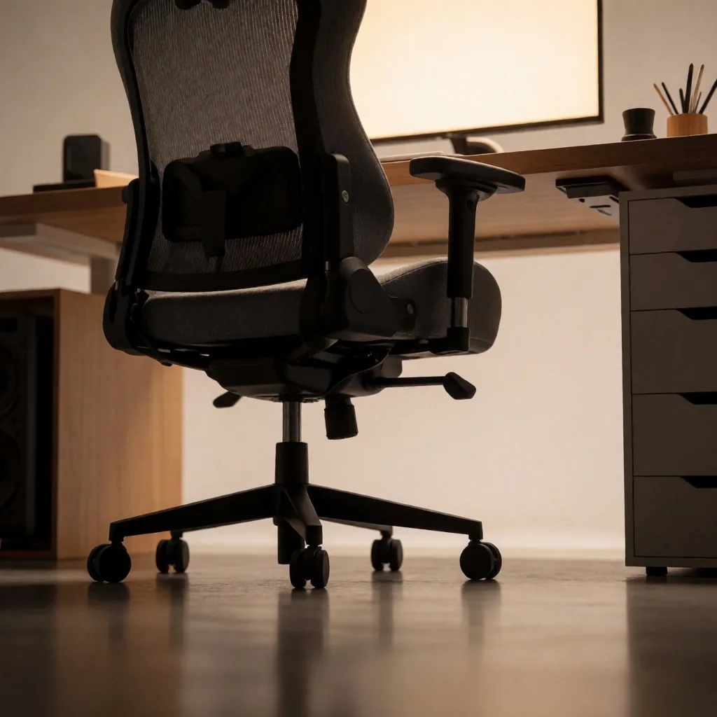 Silla gaming y escritorio ergonómico en una habitación con iluminación ambiente